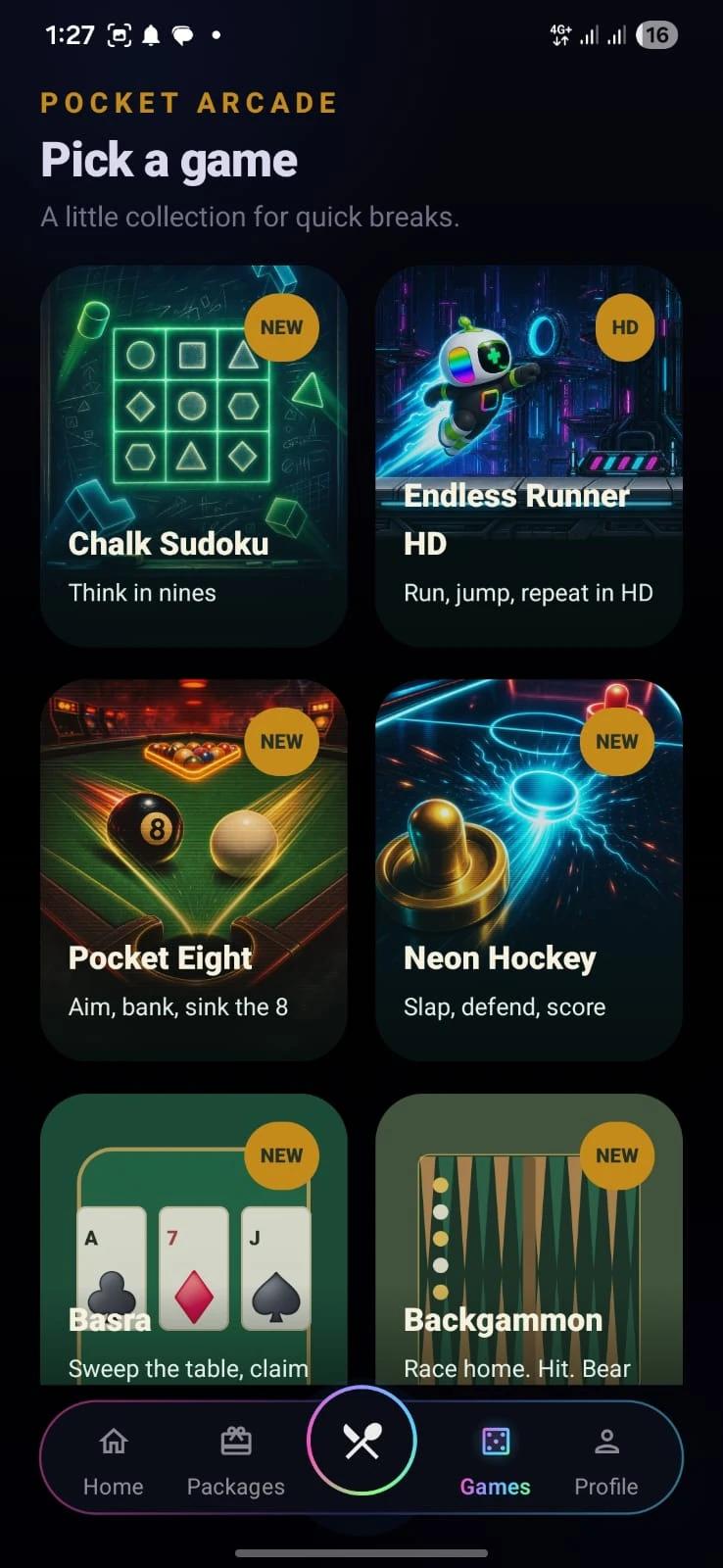 TheLink app game hub: Chalk Sudoku, Endless Runner HD, Pocket Eight, Neon Hockey, Basra and Backgammon