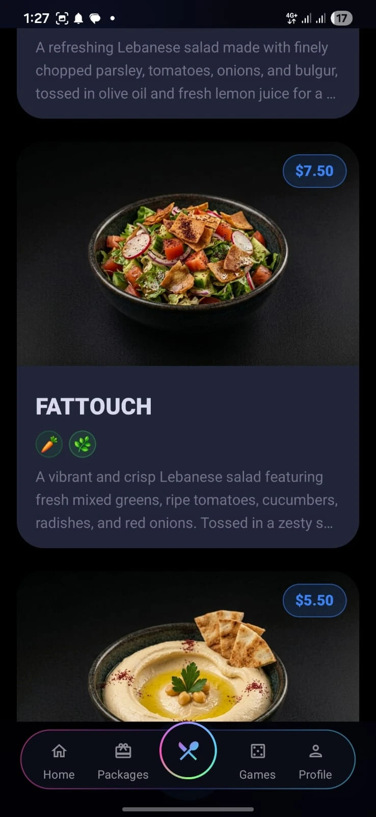 TheLink app dish list with photos, prices and descriptions