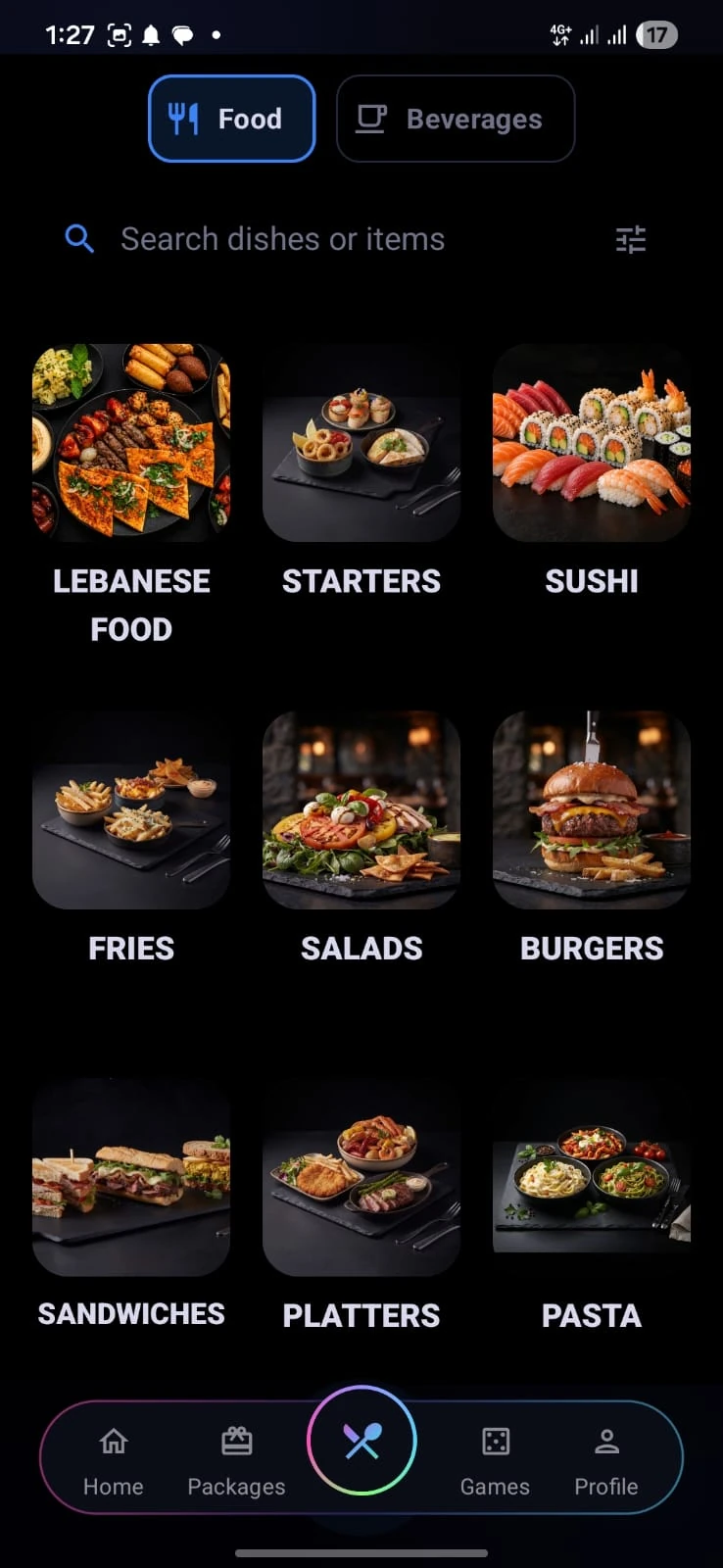 TheLink app food menu: Lebanese food, starters, sushi, fries, salads, burgers, sandwiches, platters and pasta