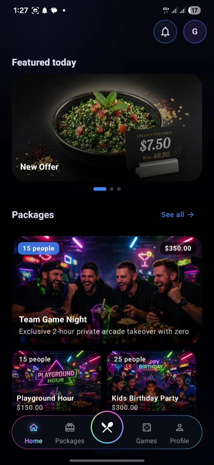 TheLink app home screen with a featured offer and party packages