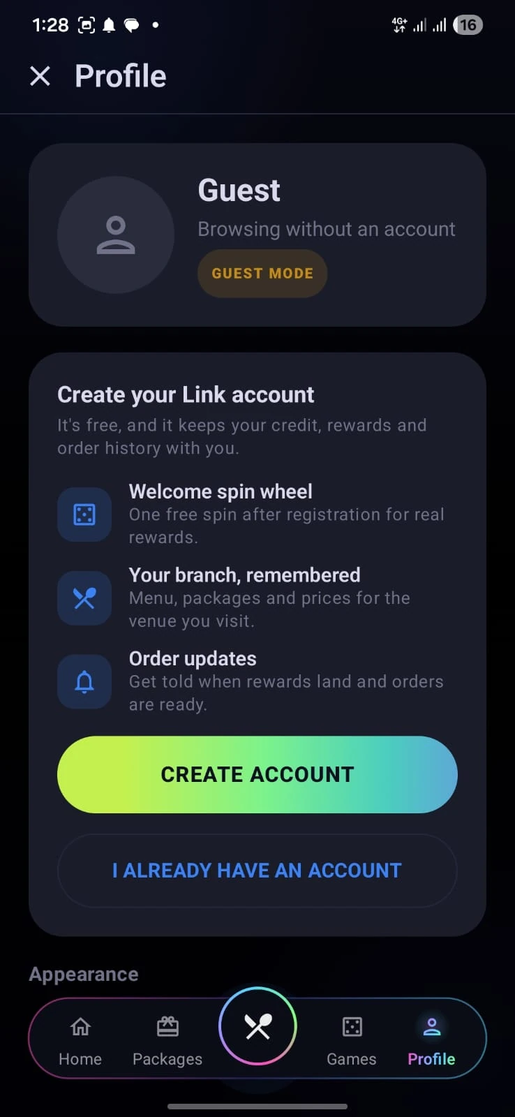 TheLink app profile in guest mode with the Create your Link account offer