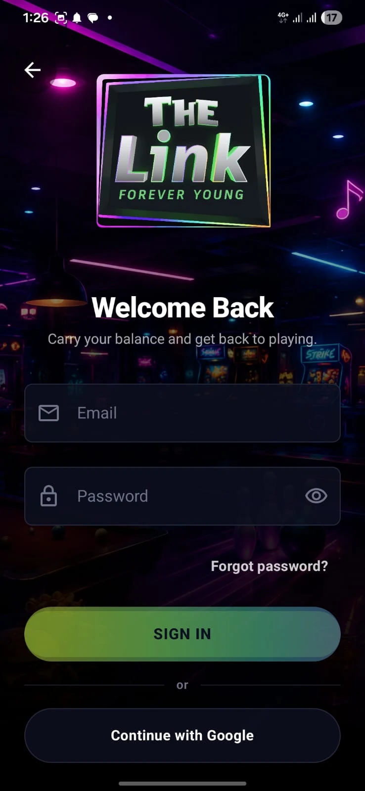 TheLink app sign-in screen with email, password and Continue with Google