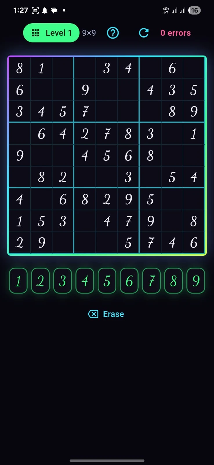 Chalk Sudoku in play, level 1, 9 by 9