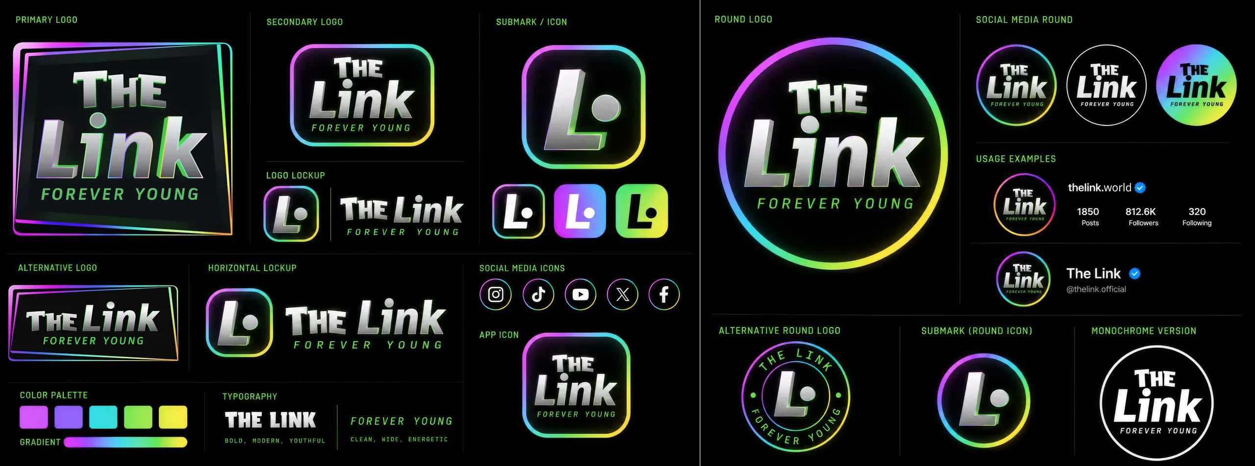 TheLink brand identity board: logos, icons, palette and typography