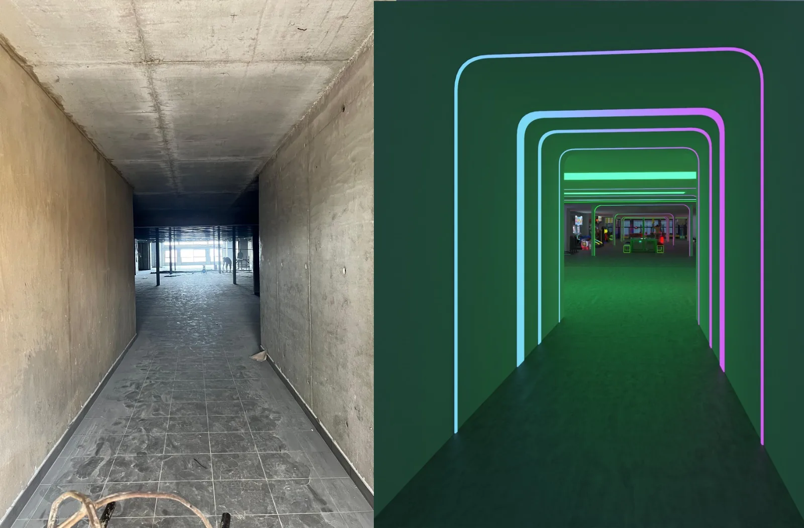 The same corridor under construction, and as rendered