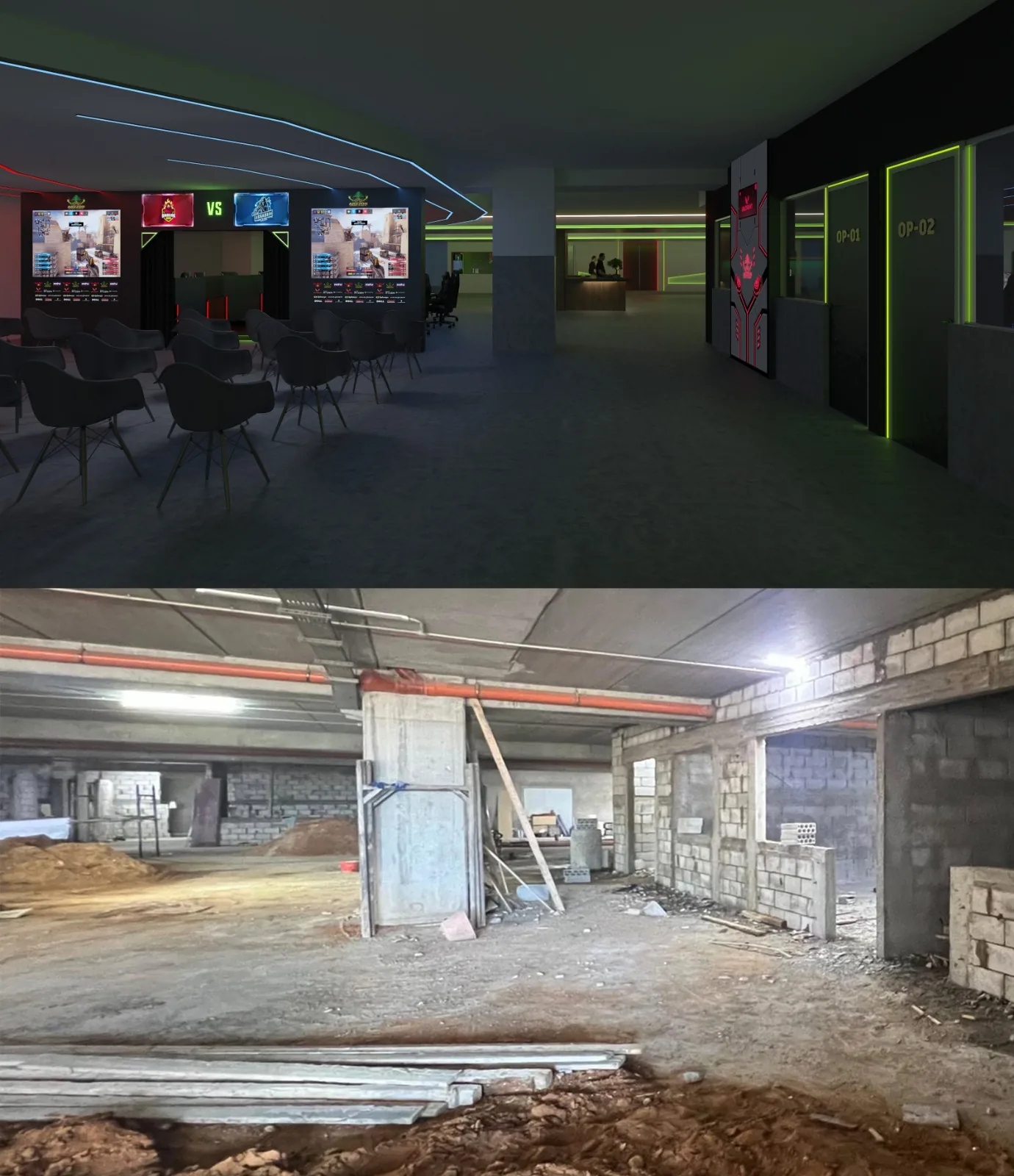 The same hall as rendered, and under construction