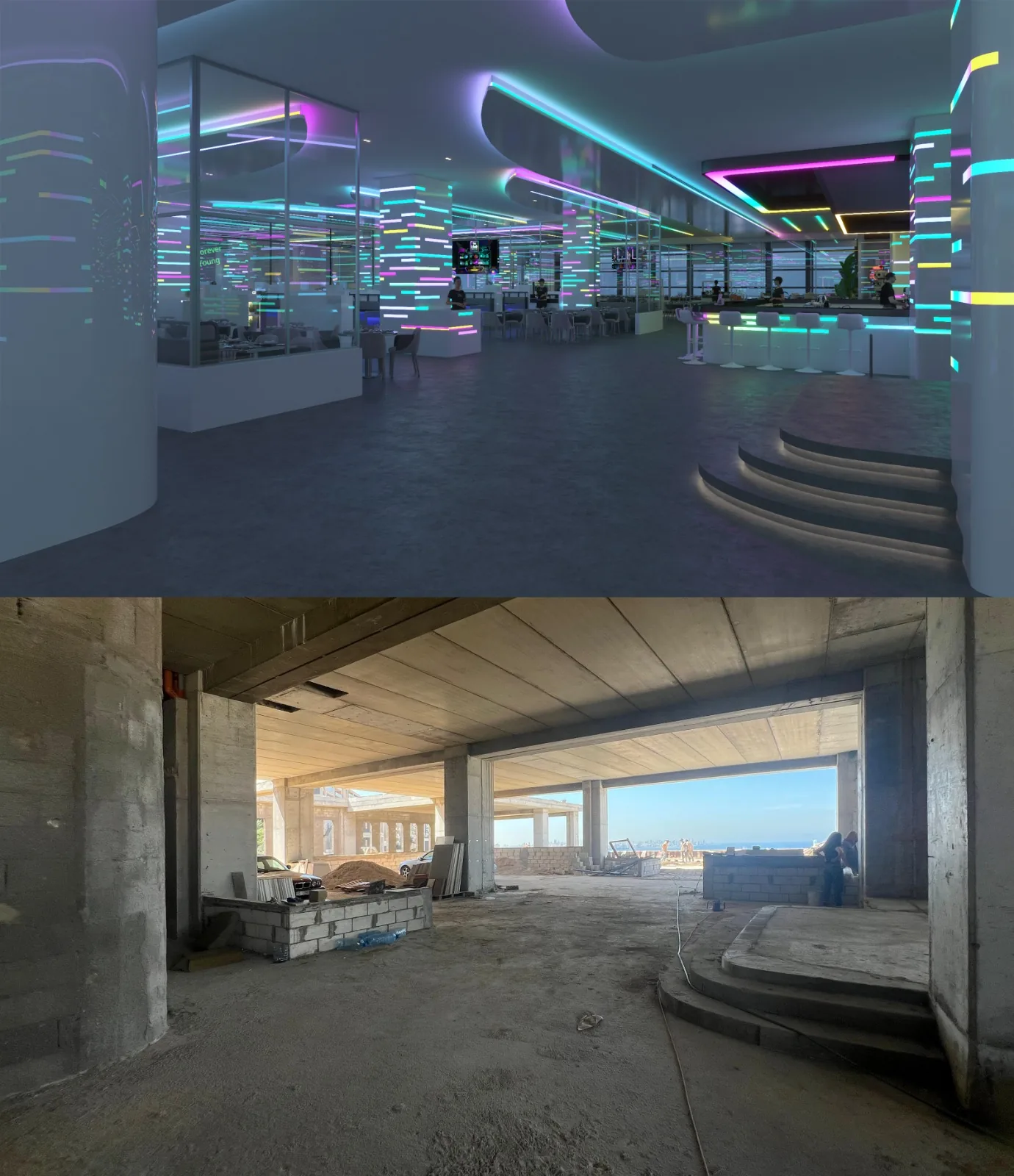 The same lounge as rendered, and under construction