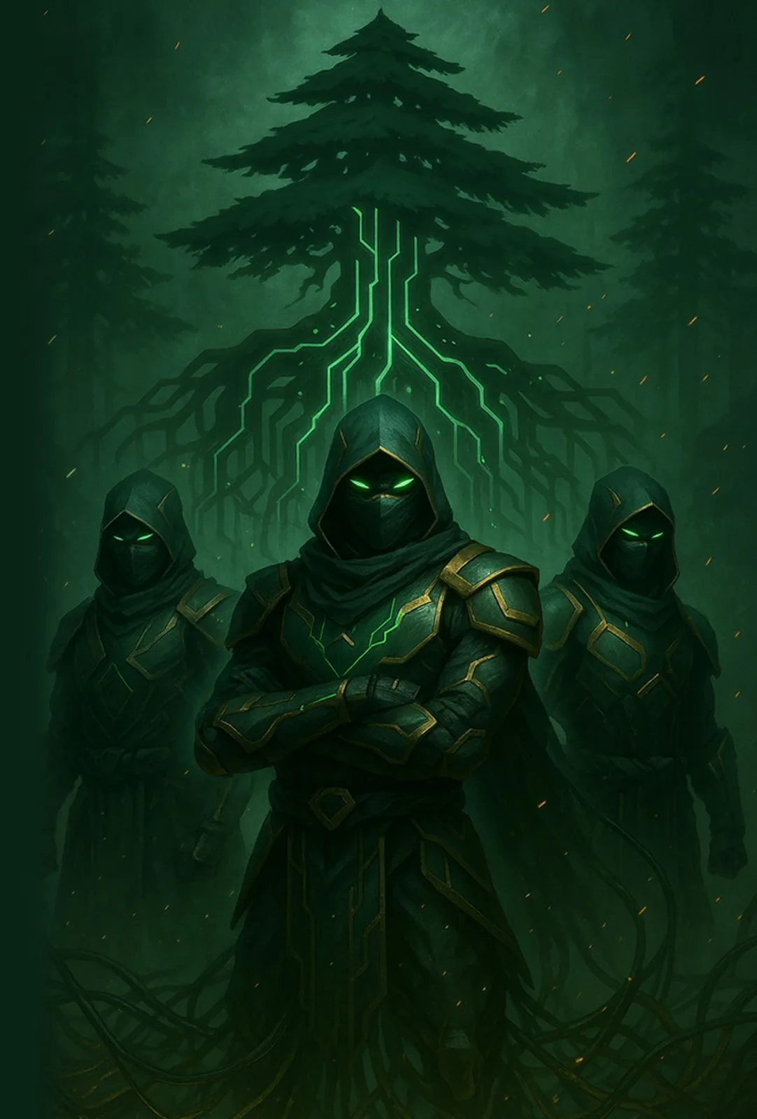 The Arzzon mascots: hooded guardians beneath a glowing green tree