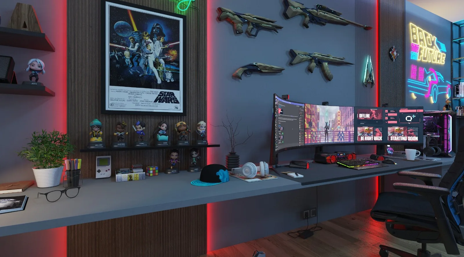 Streaming room with a curved monitor setup