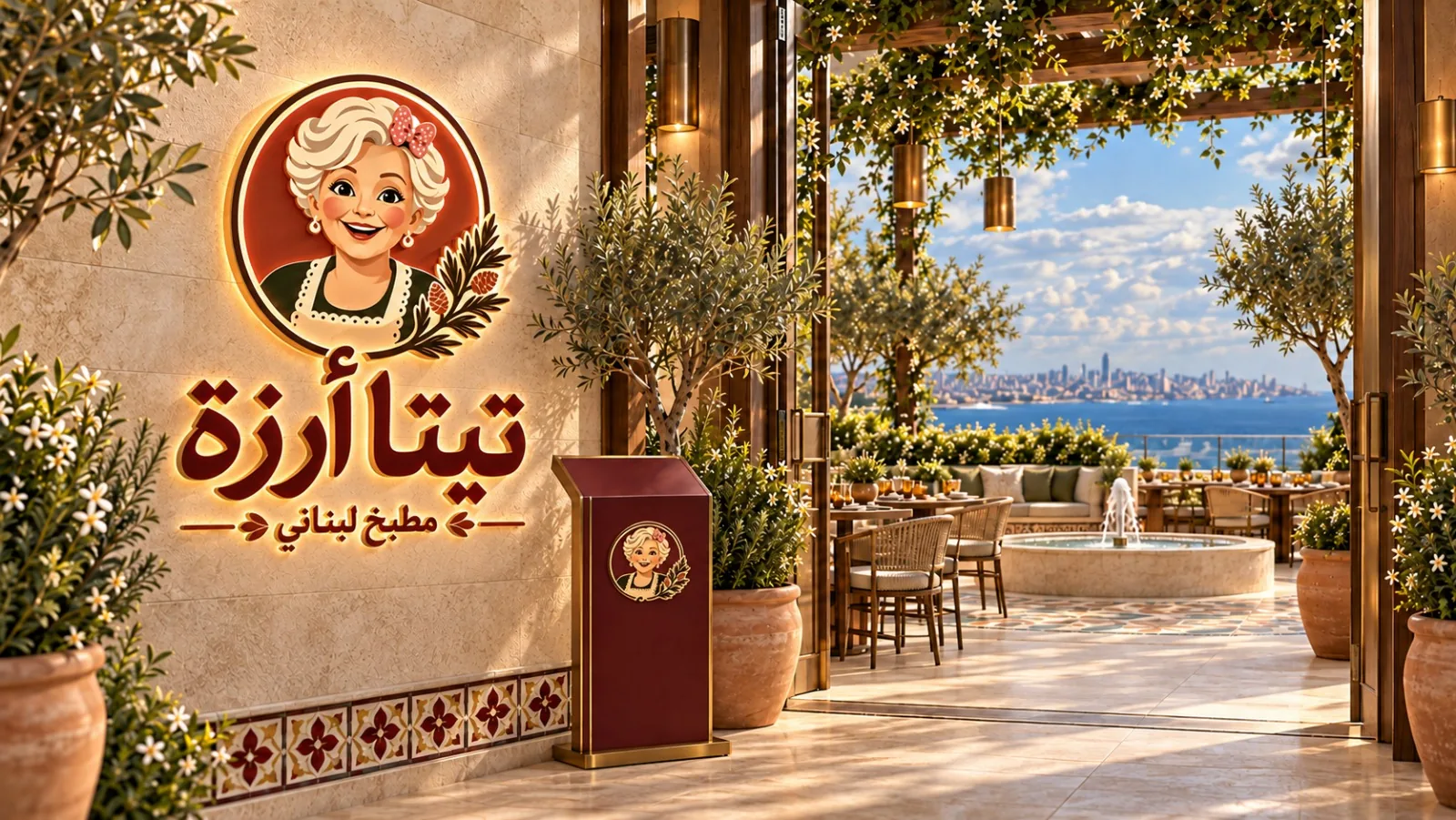 Teta Arzé entrance with the logo wall and the terrace overlooking the sea